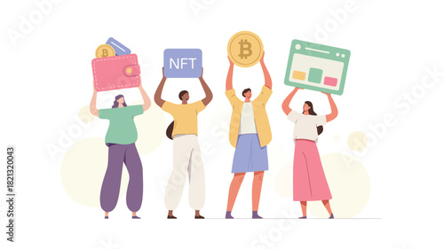 A vibrant vector illustration featuring a diverse group of four stylized figures with one prominently holding a bright pink object rendered in a modern graphic style