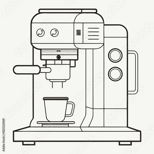 Detailed Line Art Illustration of a Coffee Machine with Cup.