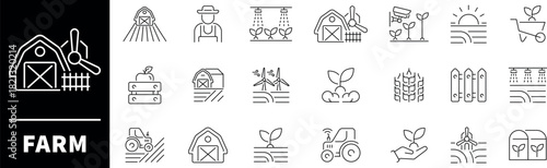 Farm icon set. Thin line icons set related to farm and agriculture. Farming web icons collection in line style.