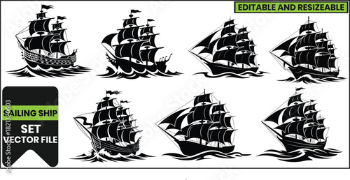 Vintage Sailing Ship Silhouette Vector Logo Set .