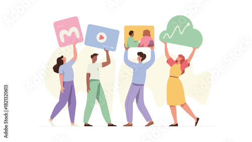 A vibrant vector illustration featuring a group of four diverse figures with one individual prominently holding a bright pink object presented in a clean modern artistic style