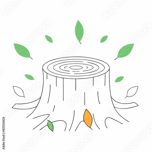 Tree Stump Surrounded by Green Leaves in Line Art Style.