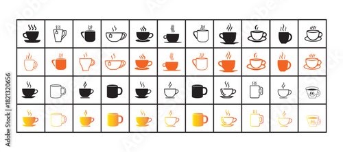 Colorful Coffee Cup Icon Set. Hot Beverage Symbols, Heart Cup Designs, Multicolor Cafe Icons Collection. Vector illustration eps 10