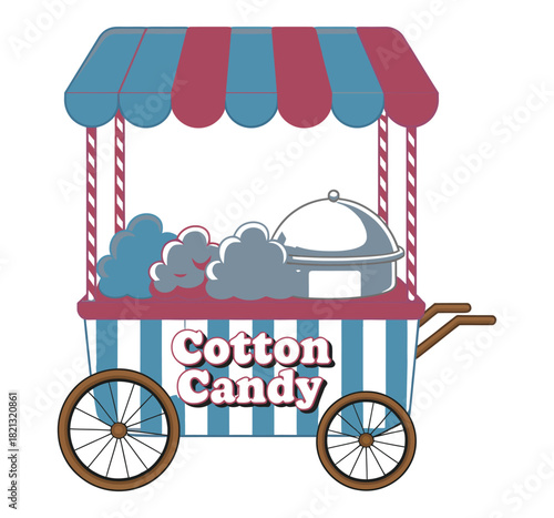 A colorful cotton candy cart filled with fluffy spun sugar sits ready to serve sweet treats.