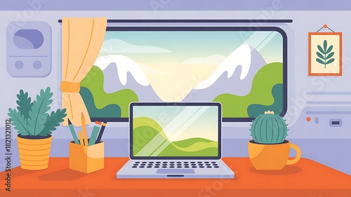 Open laptop displaying landscape sits on desk near plant and window view of mountains