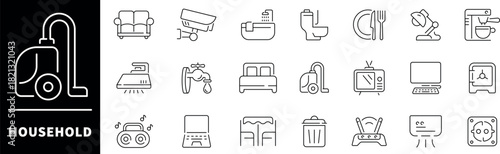 Household icon set. Thin line icons set related to Household and home. Household icons collection in line style.