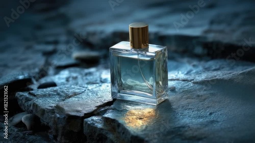 A square glass perfume bottle with a gold cap sits on cracked rocks bathed in moody blue light.