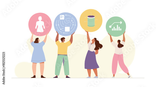 A vibrant banner design featuring a group of four diverse figures with one individual prominently holding a bright pink object suitable for advertisements and promotions