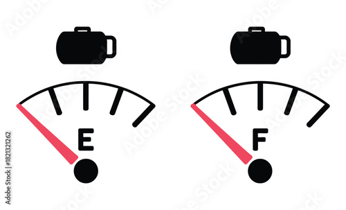 Two fuel gauges are shown side-by-side, one indicating empty and the other full, representing different levels of fuel.