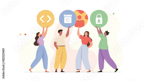 A vibrant illustration of four diverse figures with one figure prominently holding a brightly colored object suitable for dynamic graphic design projects and creative storytelling