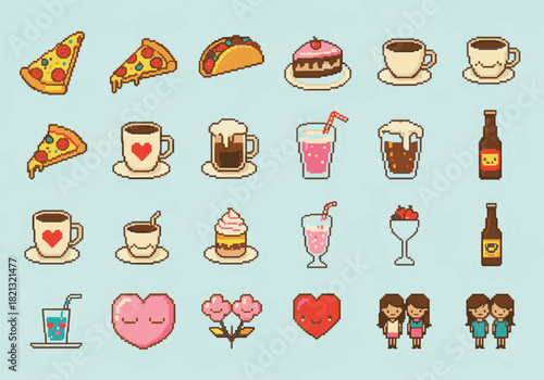 Pixel Art Food, Drink and Love Icons Collection