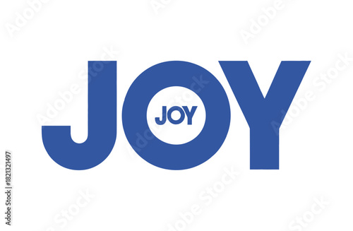 The word 'JOY' is displayed in large blue capital letters against a white background, with a smaller blue circle containing the word 'JOY' inside the 'O'.