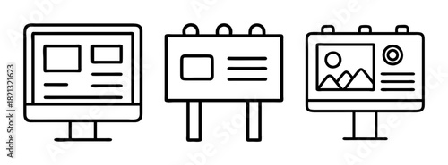 Outline vector illustration of advertising billboards and signage for outdoor marketing campaign designs
