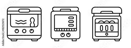 Outline drawing of three different types of home appliances for cooking and heating food