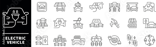 Electric vehicle icon set. Thin line icons set related to electric vehicle and transportation. Electric vehicle icons collection in line style.