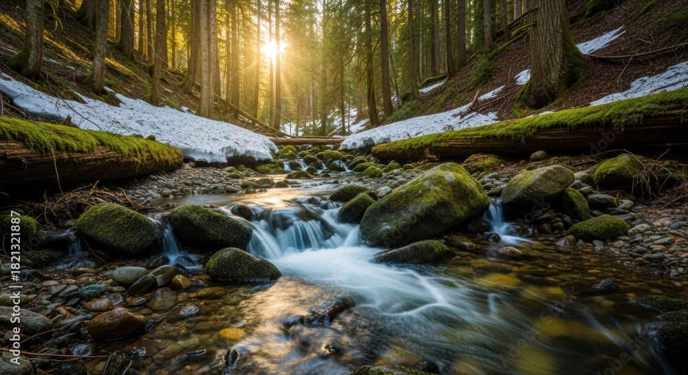 Fototapeta premium Forest stream flowing over rocks with sunlight