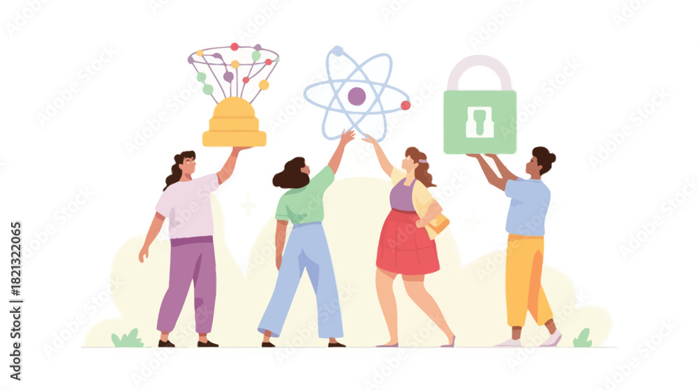 Fototapeta premium A vibrant vector illustration featuring a diverse group of four stylized figures with one prominently holding a yellow object rendered in a bold graphic style with a rich color palette