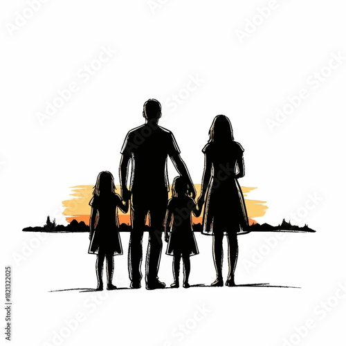 Silhouette of a family with two children holding hands.
