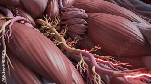 Detailed 3D animation of a nerve impulse traveling through a human muscle illustrating the complex biological processes of neural communication and muscular contraction.