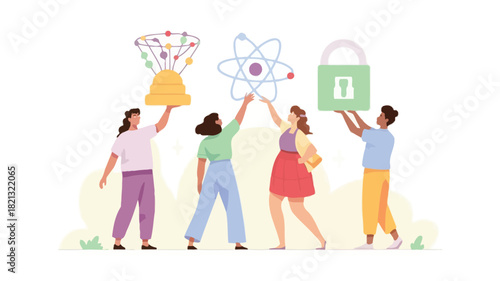 A vibrant vector illustration featuring a diverse group of four stylized figures with one prominently holding a yellow object rendered in a bold graphic style with a rich color palette