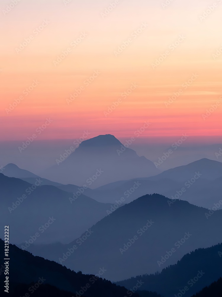 Naklejka premium Mountain landscape with layers silhouette at sunset gradient sky aerial view