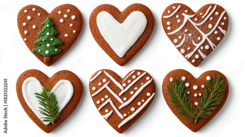 Fototapeta premium A row of gingerbread cookies with white icing and green leaves on them. The cookies are shaped like hearts and are decorated with a Christmas tree