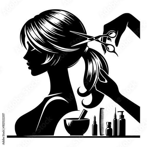 stylish beauty salon scene featuring a girl in profile getting her hair styled vector image illustration