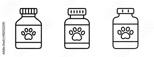 Pet care product bottles with paw print label vector illustration for veterinary medicine needs