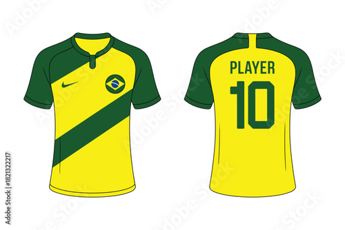 A yellow and green soccer jersey is shown from the front and back, featuring the Brazilian flag and the number 10.