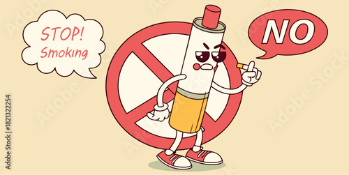 Bold cartoon cigarette character warns against smoking addiction, urging a healthy lifestyle with a strong anti-smoking message for public health campaigns