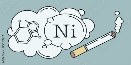 Harmful cigarette with smoke, chemical compounds, and the element nickel, conveying health risks with this clean, modern, and impactful visual