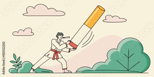Empowered martial artist throws away cigarette in a commitment to a healthy lifestyle and wellness, showing strength, determination, and a positive choice
