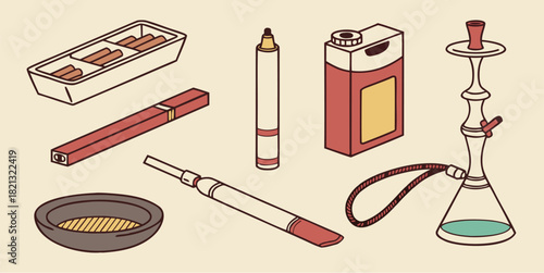 Cool vector art: Diverse smoking devices and accessories, a modern hookah, vapes, and cartridges offering a variety of options in a single scene
