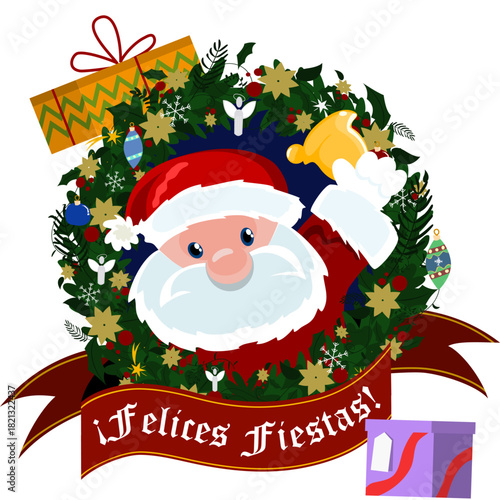 Guirlanda de Natal festiva com papai noel com sino e faixa em espanhol “Felices fiestas”