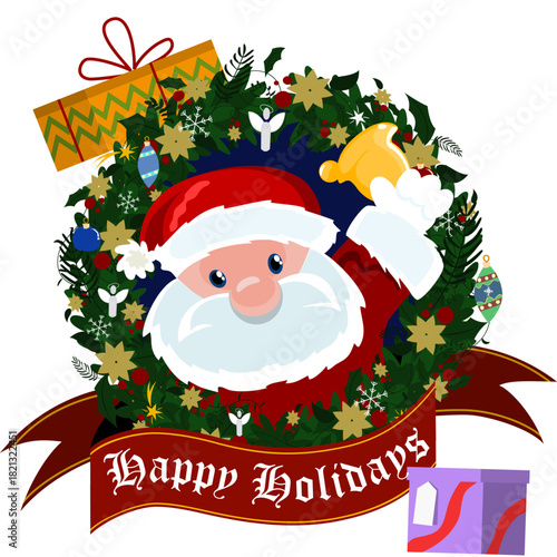 Guirlanda de Natal festiva com papai noel com sino e faixa em inglês “happy holidays”