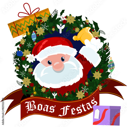 Guirlanda de Natal festiva com papai noel com sino e faixa em português “boas festas”