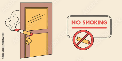 Enforce No Smoking Rules with this Cartoon Style Sign and Cigarette Near the Door, Communicating a Smoke Free Environment, Originally a Vector Graphic