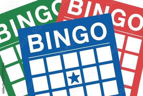 Three colorful bingo cards are laid out in a close-up perspective, with one card featuring a star marking a number spot.