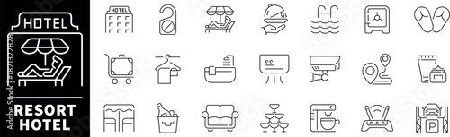 Resort hotel elements collection. Resort hotel vector icons in line style. Thin line icons related to resort and hotel