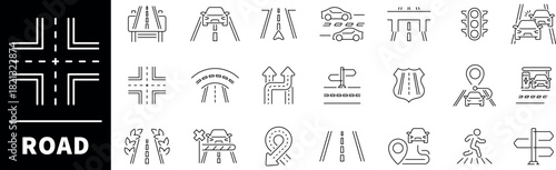 Road elements collection. Road vector icons in line style. Thin line icons related to road and traffic