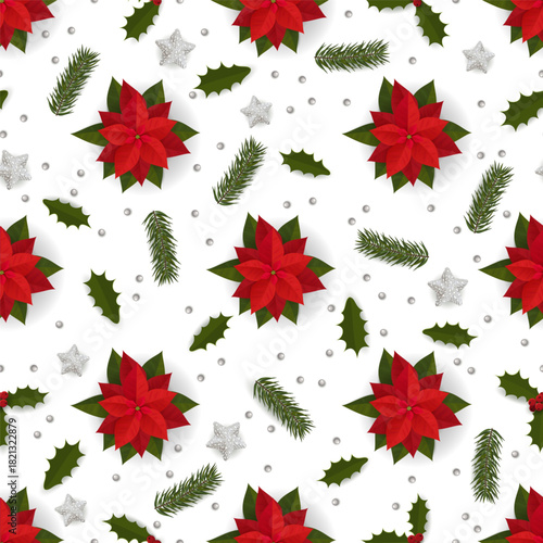 Seamless pattern with poinsettia and beads, stars, spruce branches.