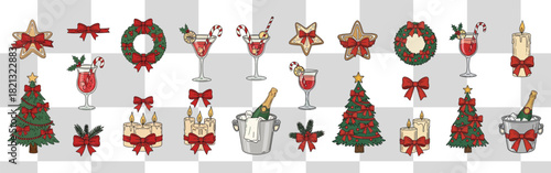 Festive christmas pattern featuring trees wreaths cocktails candles and champagne for holiday cheer
