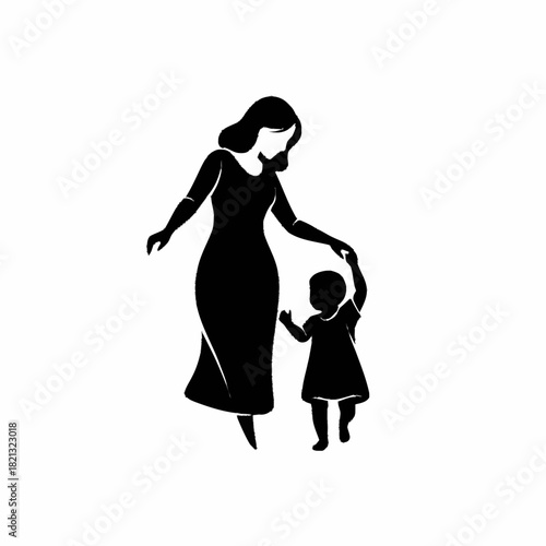 Mother and child walking together holding hands silhouette.