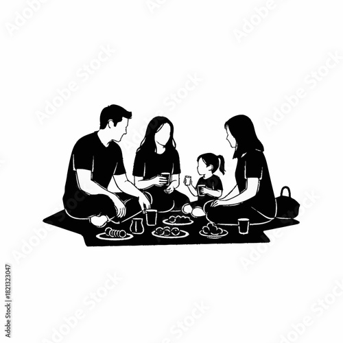 Family enjoying a picnic together, sharing food and drinks outdoors.