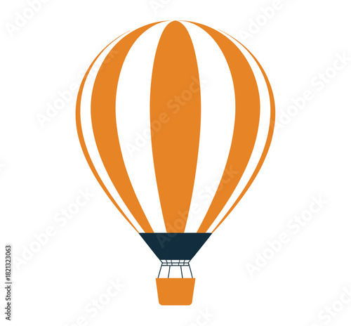 A bright orange and white striped hot air balloon with a dark blue band and an orange basket is depicted against a white background.