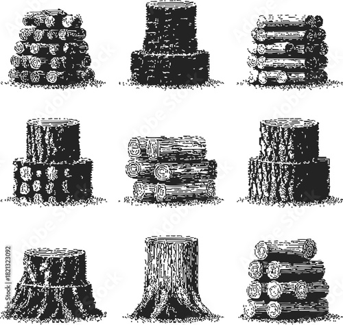 Wood logs and tree stumps sketch, hand drawn set of stacked firewood and cut trunks. Vector illustration