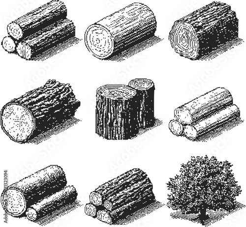 Logs hand drawn sketch set, various wood log arrangements and tree illustration. Vector illustration