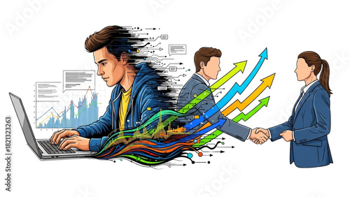 Startup Laptop Workflow and Business Partnership Handshake with Rising Arrows – Colorful Minimal Illustration