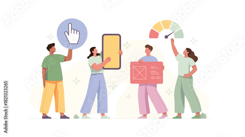 A stylized graphic illustration featuring a group of four diverse figures with one prominently holding a vibrant blue object rendered in a clean modern vector art style with a rich color palette