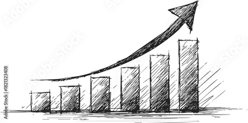 Bar chart sketch with upward arrow, hand drawn style, representing growth or success. Vector illustration